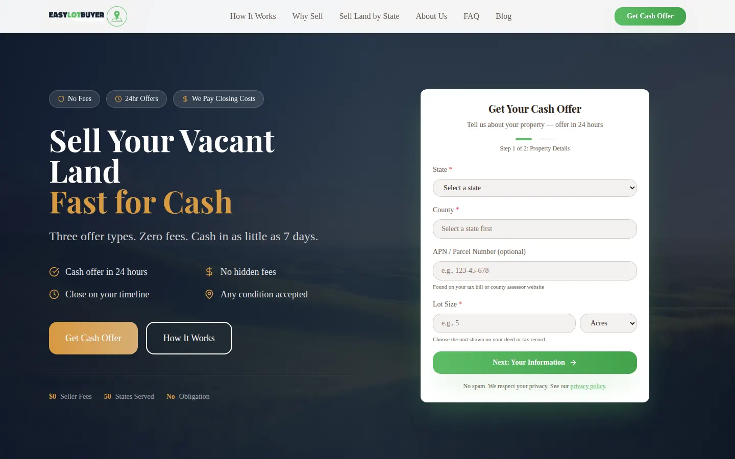 Easy Lot Buyer website homepage
